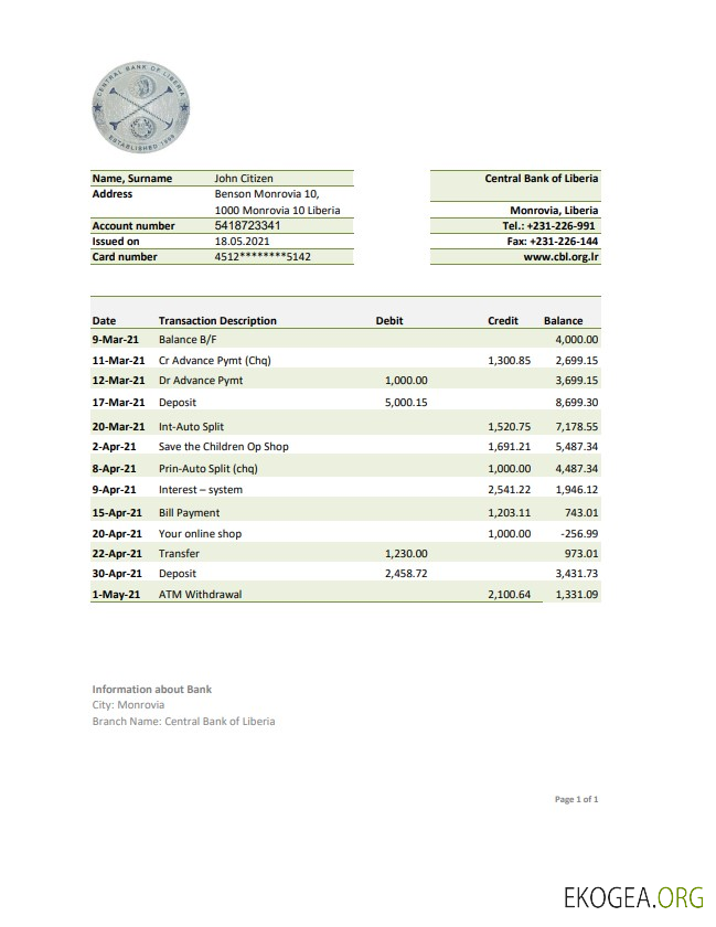Relevé bancaire de la Banque centrale du Libéria du Libéria, modèle facile à remplir au format de fichier .xls et .pdf